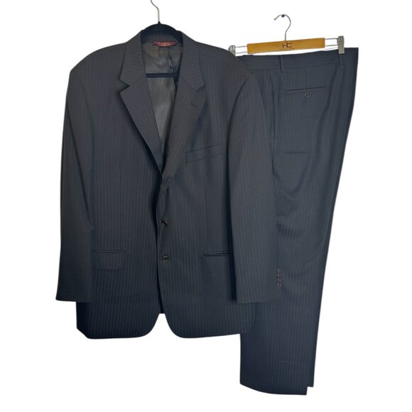Pronto Uomo Couture Italian Black Striped Suit Sz 48L 100% Wool Lightweight Prom - Picture 1 of 8